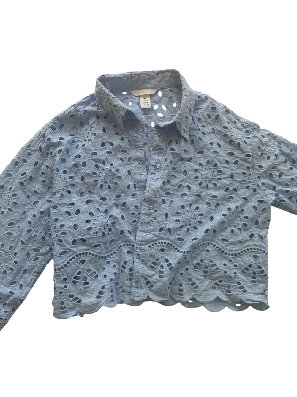 H&M Blue Eyelet Embroidered Cropped Button Down Shirt M